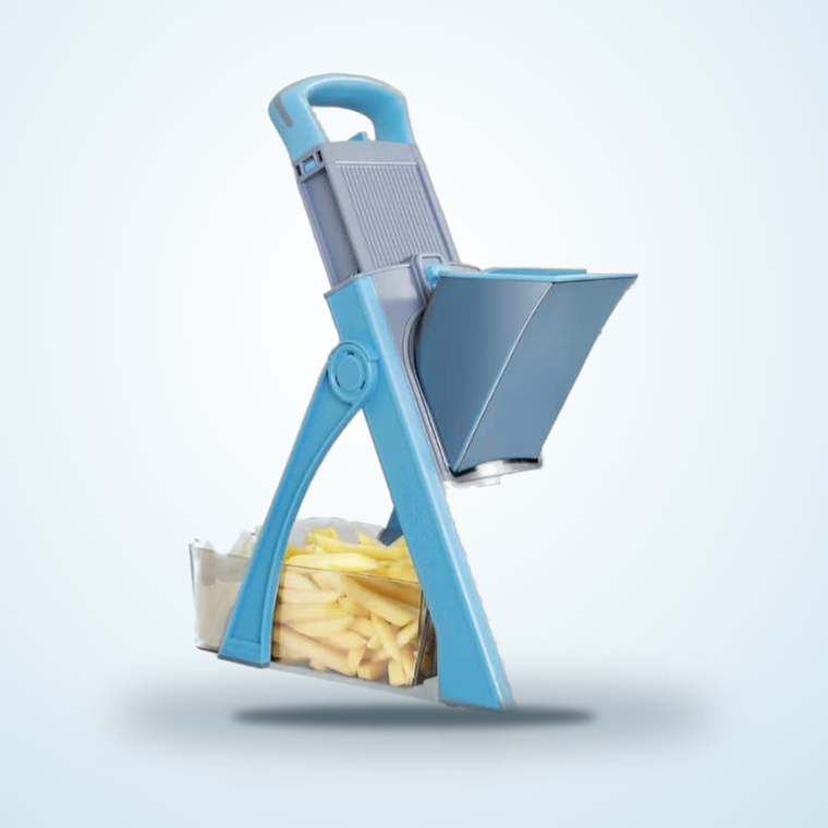 LDHER upright vegetable cutter with a container full of cut potato sticks